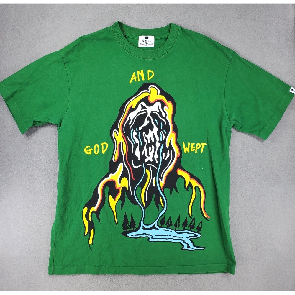 Warren Lotas Green And God Wept Shirt Size L Cotton USA Authentic Skull